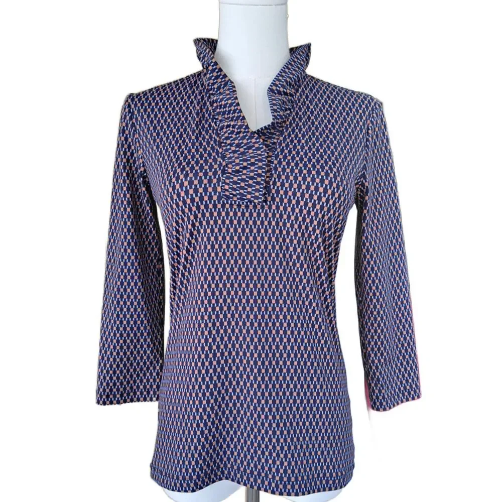 J McLaughlin Durham Ruffle Top Navy Blue Brown Geo Print XS Preppy 3/4 Sleeve